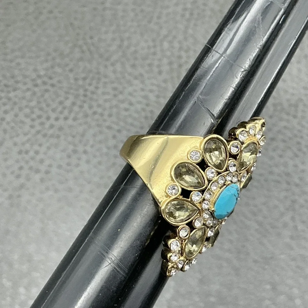 Ring Size 8 Gold Tone Turquoise Rhinestone Cocktail Statement‎ Teardrop Costume